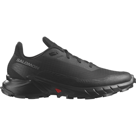 Black trail running shoe with aggressive tread and visible 'SALOMON' logo.