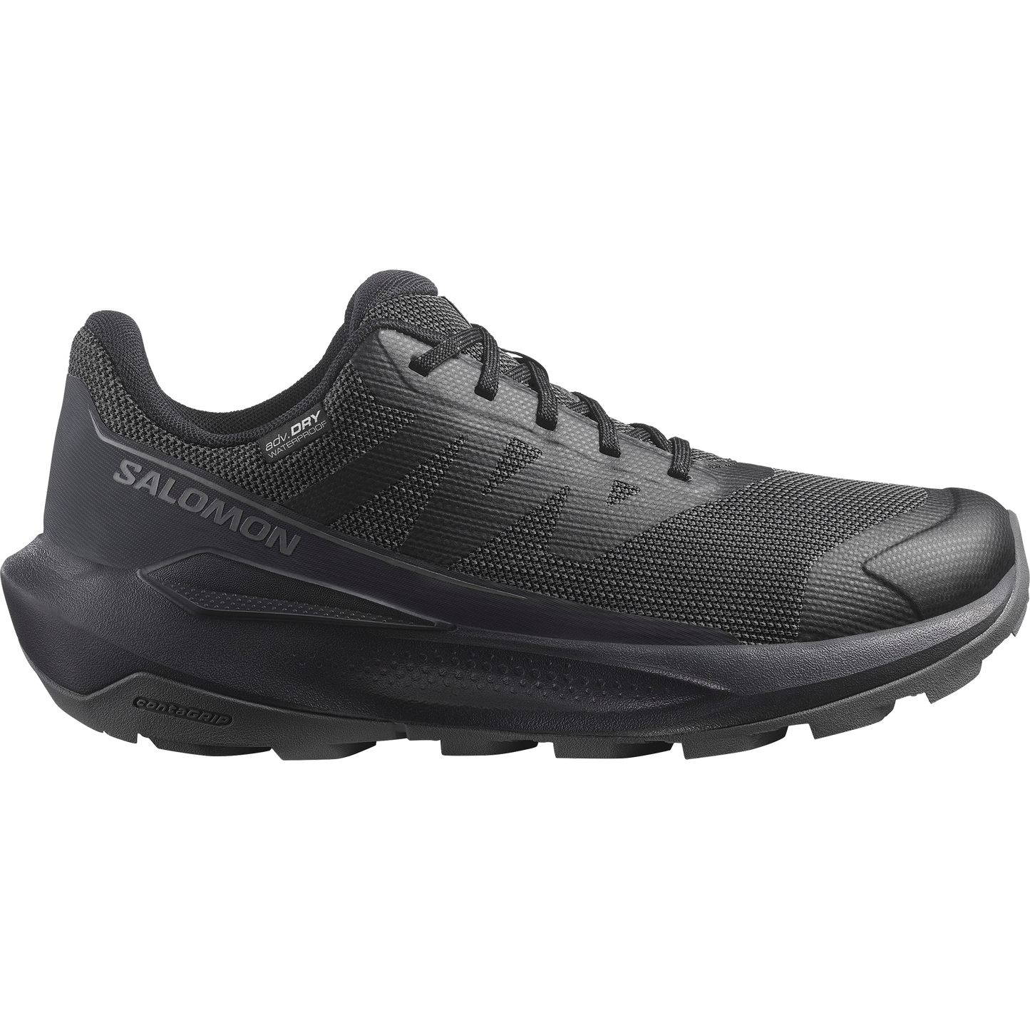 Black athletic shoe with dark laces and the word "SALOMON" printed on the side.