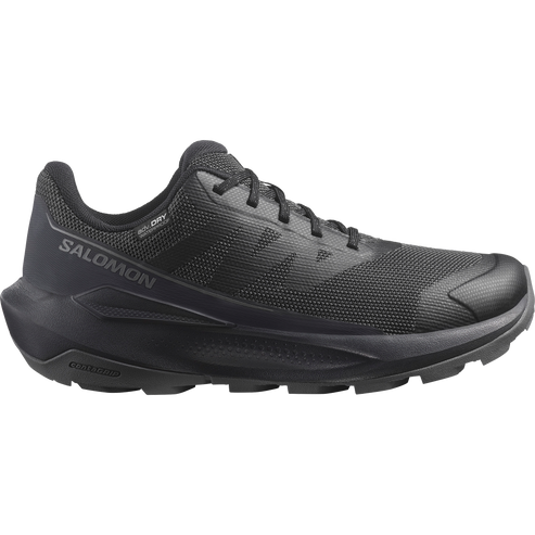 Black athletic shoe with dark laces and the word "SALOMON" printed on the side.