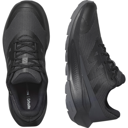 Two views of a black running shoe with black laces, showing the top and side profile, and interior.
