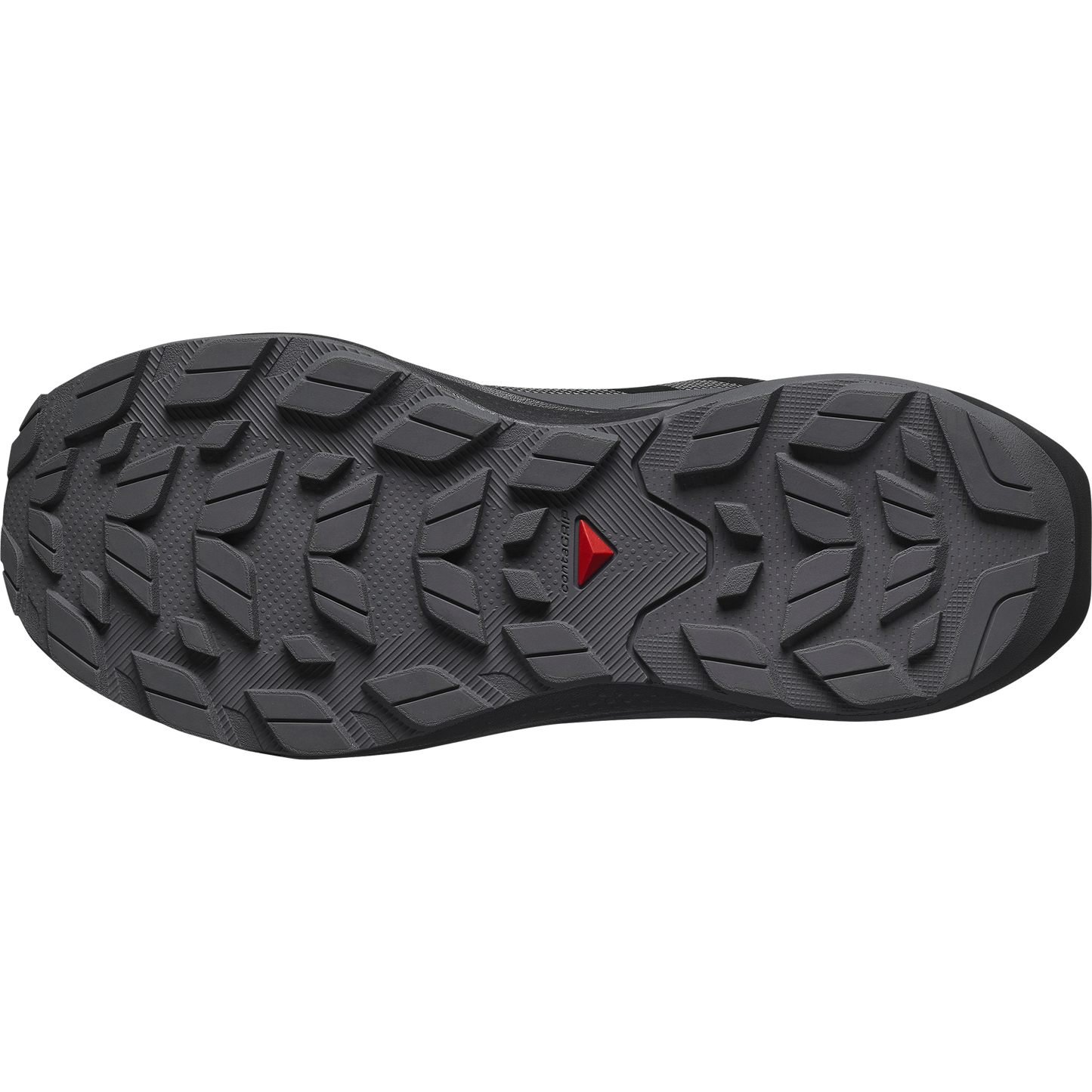 Dark grey shoe sole with a red triangle logo in the center.