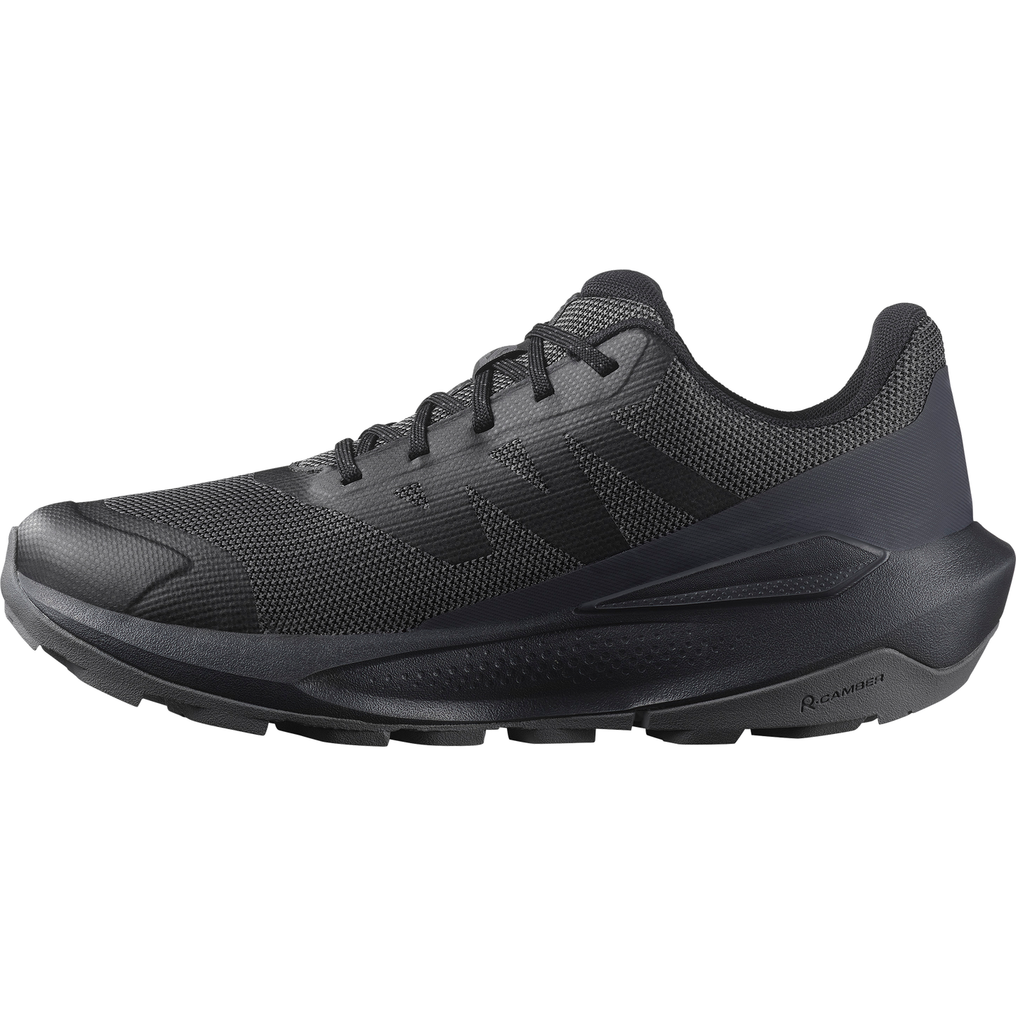 A dark gray running shoe with a mesh upper, a cushioned midsole, and a lugged outsole.