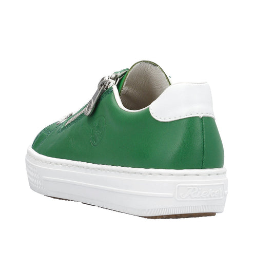 Green sneaker with zipper closure, white heel and sole.