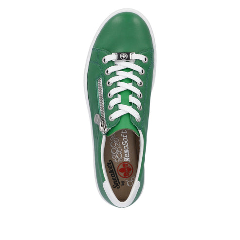 Top view of a green leather sneaker with white laces and a silver zipper on the side.