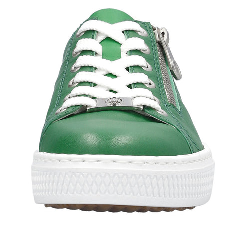 Front view of green leather sneaker with white laces, white sole, and side zipper.