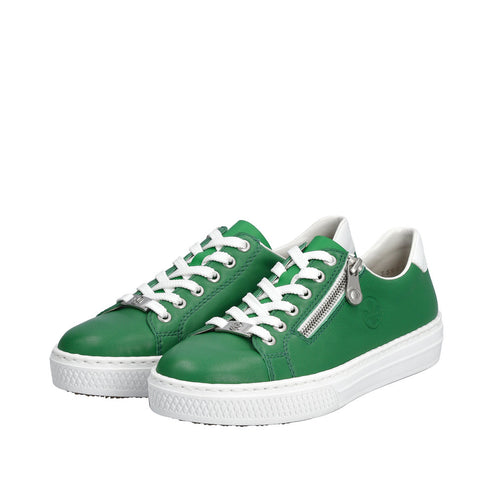 Pair of green sneakers with white laces and soles, and a silver zipper on the side.