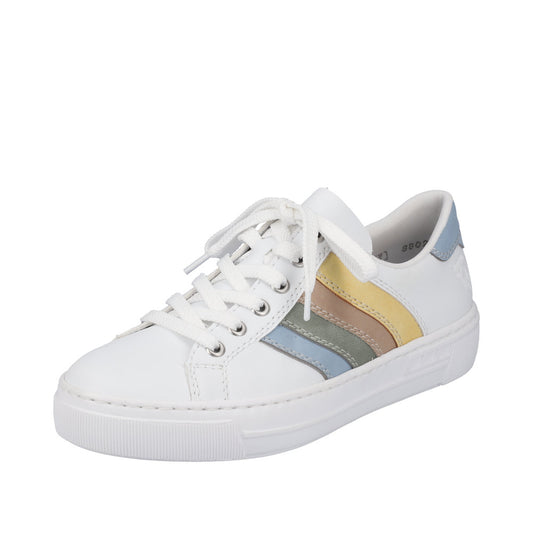 White sneaker with colorful stripes on side