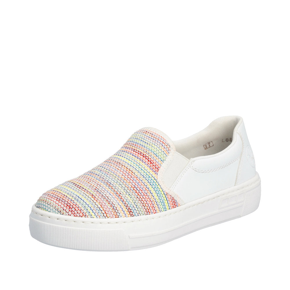 A multicolored striped slip-on shoe with white leather accents and a white sole.
