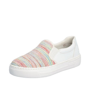 A multicolored striped slip-on shoe with white leather accents and a white sole.
