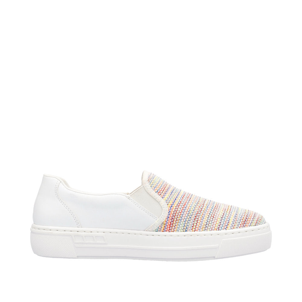 Slip-on sneaker with white leather heel and toe with colorful stripes.