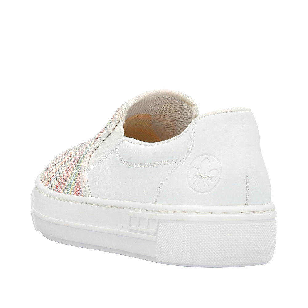 White slip-on sneaker with multicolored woven pattern on vamp.