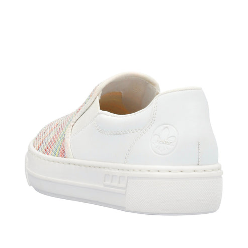 White slip-on sneaker with multicolored woven pattern on vamp.