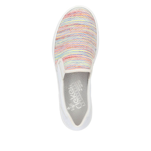 Slip-on shoe with colorful woven pattern and a white sole; the inner sole has the word "Rieker".