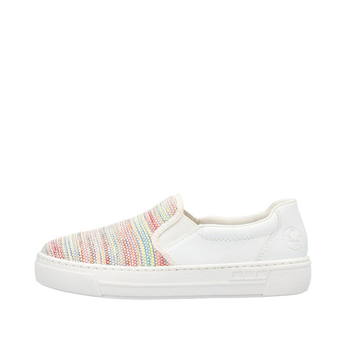 Slip-on sneaker with colorful woven fabric vamp and white leather quarters.