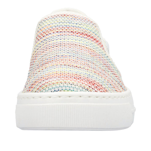 White slip-on sneaker with woven rainbow pattern.