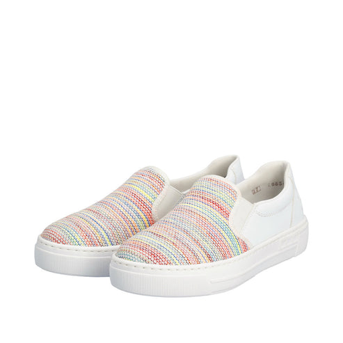 Pair of slip-on sneakers with multicolored striped uppers and white soles.