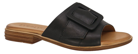 Black slide sandal with large buckle detail.