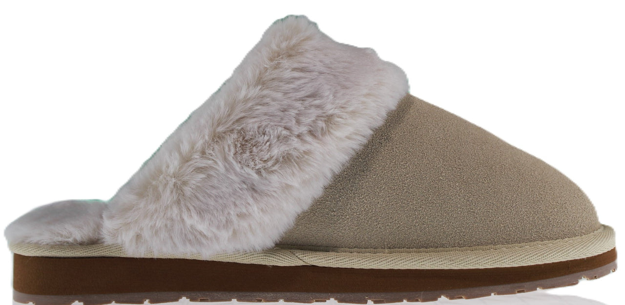 Beige furry scuff slipper with a brown sole.