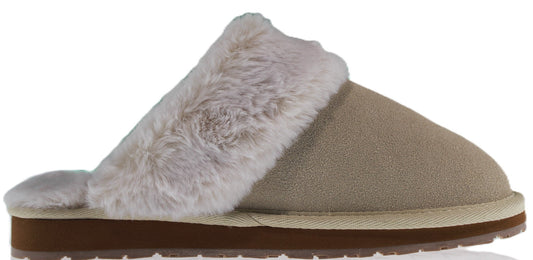 Beige furry scuff slipper with a brown sole.