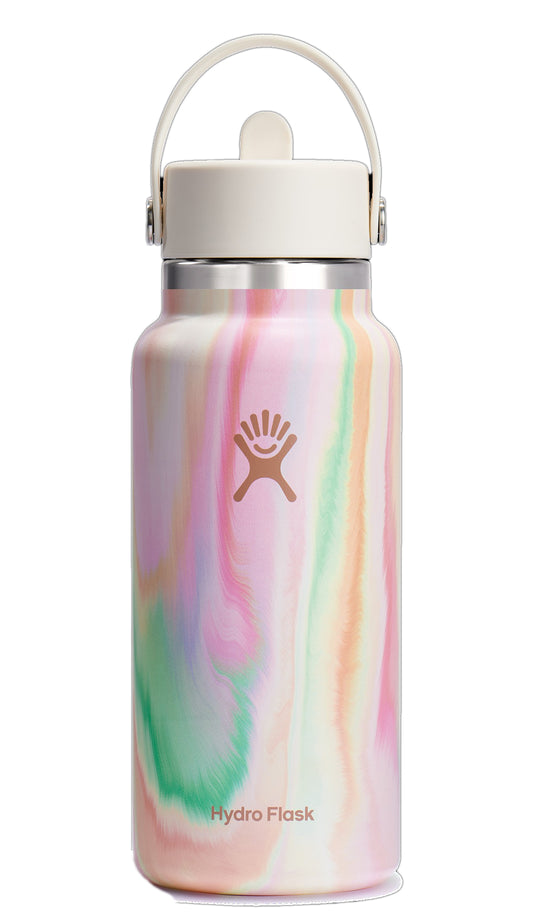 Insulated water bottle with handle, swirl design of pink, yellow, and green.