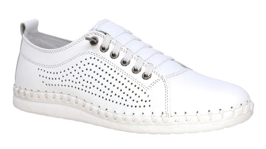 White leather sneaker with perforations and white laces.