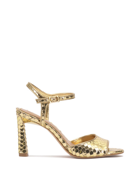 Gold high-heeled open-toe sandal with ankle strap.