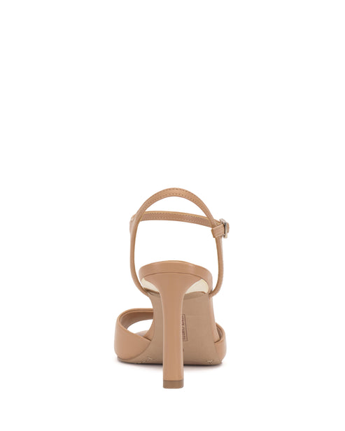 Tan high-heeled sandals with ankle strap, back view.