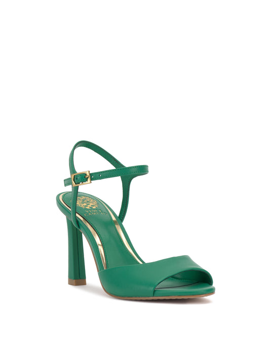 A green high heel shoe with an ankle strap.