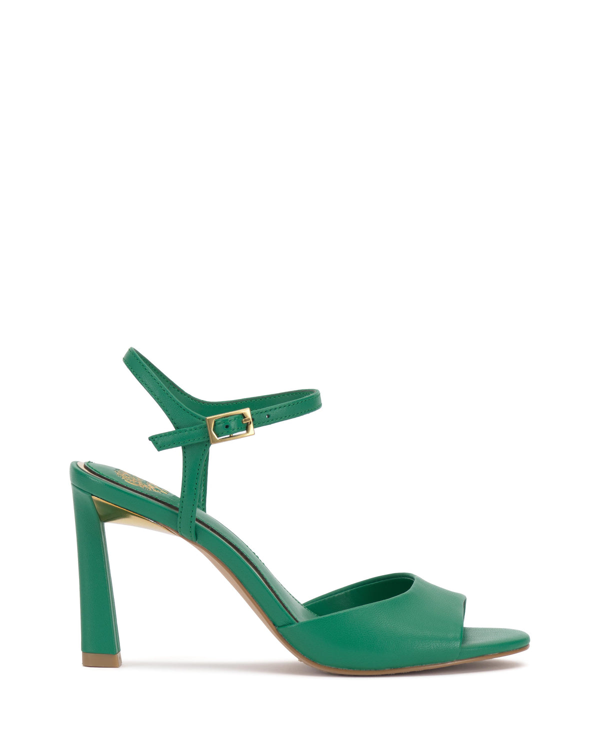 Green heeled sandal with ankle strap and gold buckle.