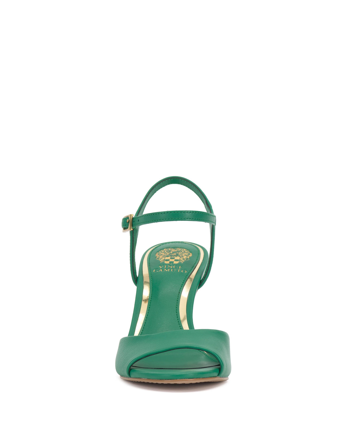 Front view of a green high-heeled sandal with an ankle strap.