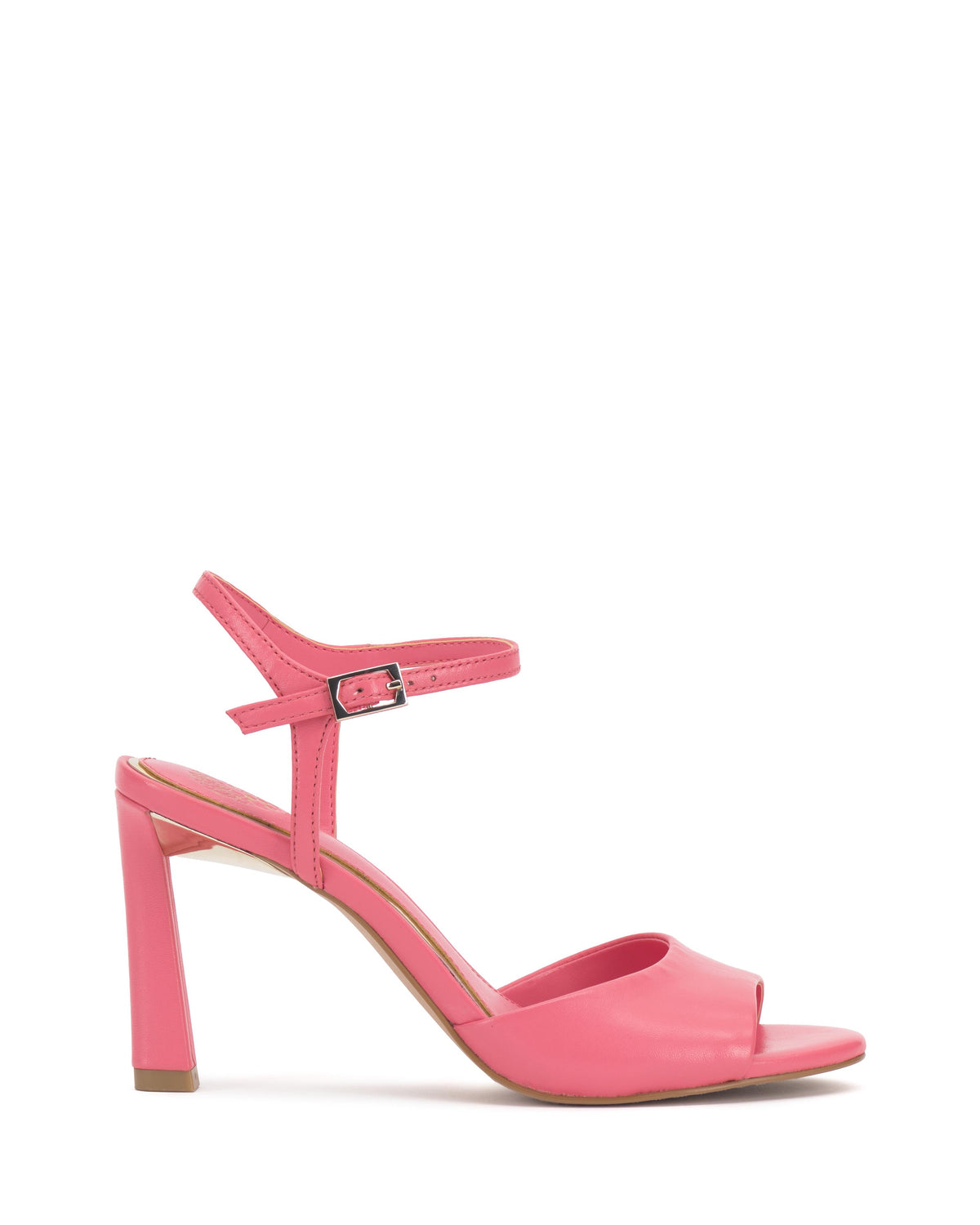 Pink high heel sandal with an ankle strap and buckle closure.
