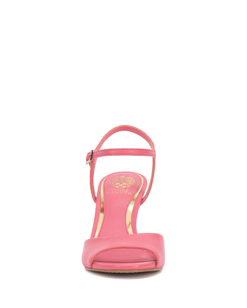 Close-up of a pink high heel sandal with ankle strap and open toe.
