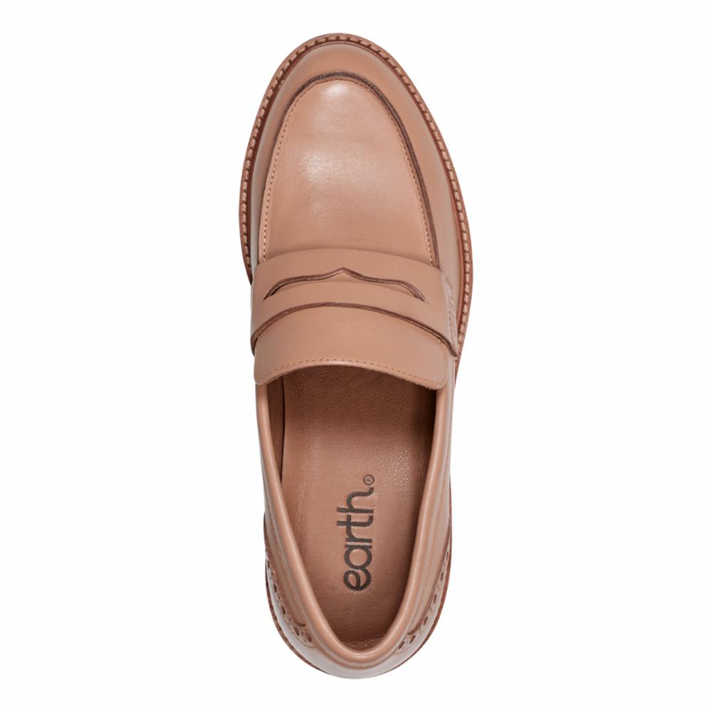 Tan leather loafer with stacked heel and 'earth' printed on the insole.