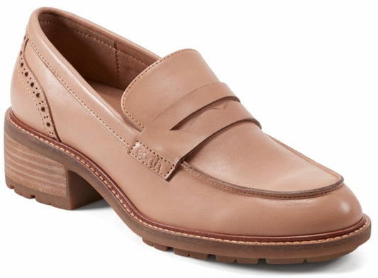 Light pink leather heeled loafer with a moc toe.