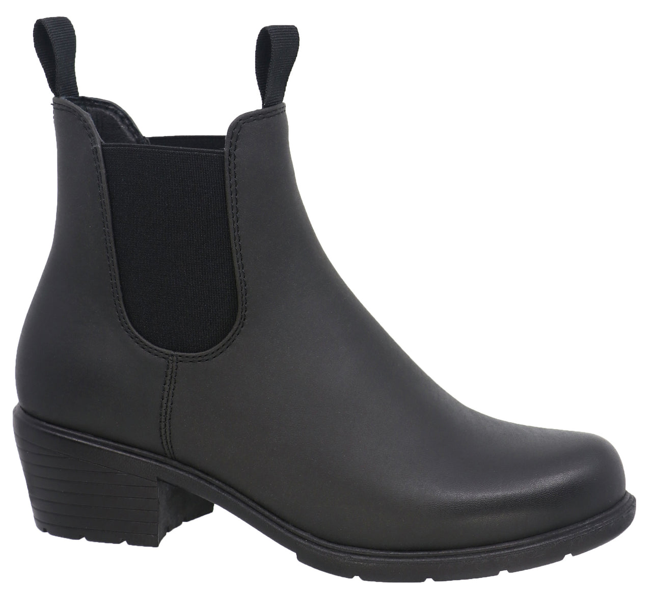 Black heeled ankle rain boot with elastic side panels and a loop on the back of the ankle.