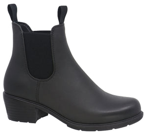Black heeled ankle rain boot with elastic side panels and a loop on the back of the ankle.