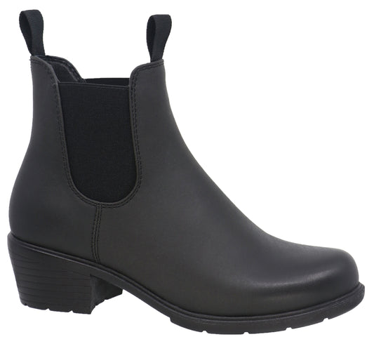 Black heeled ankle rain boot with elastic side panels and a loop on the back of the ankle.