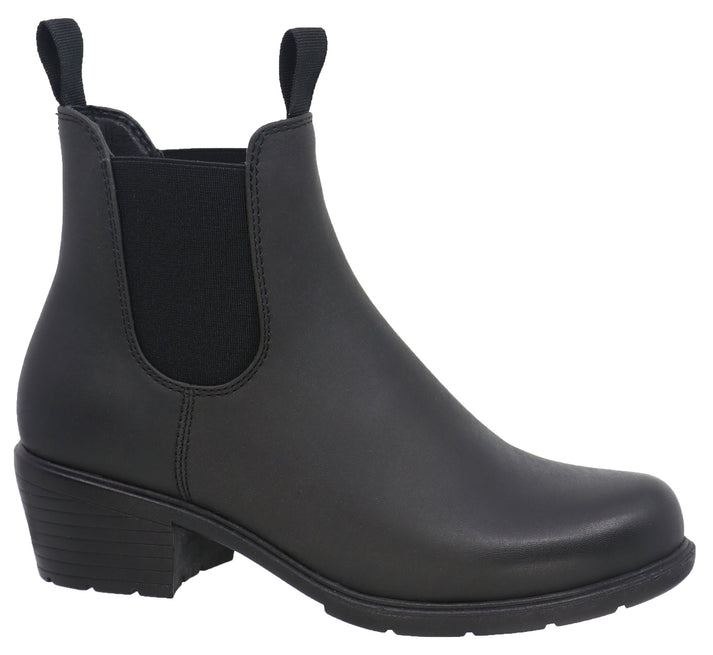 Black heeled ankle rain boot with elastic side panels and a loop on the back of the ankle.