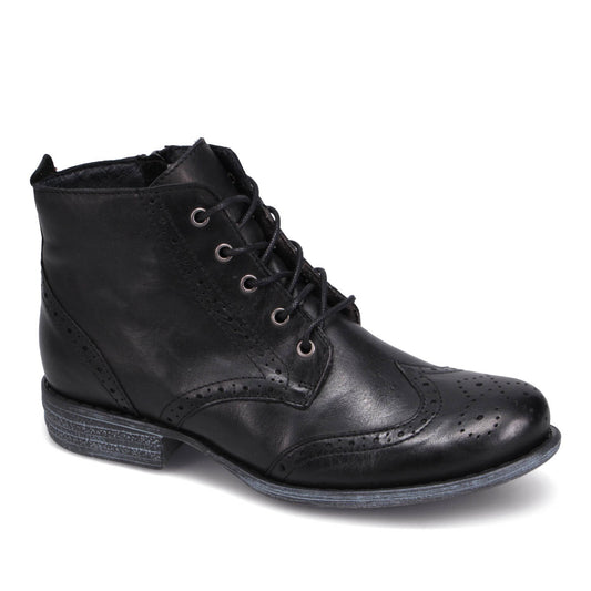 Black leather lace-up ankle boot with wingtip and brogue detailing.