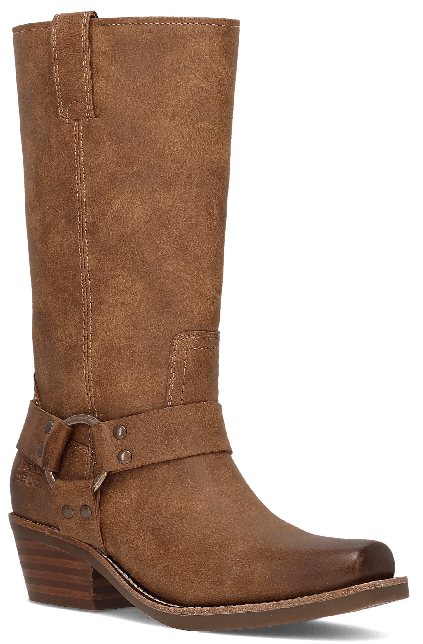 Knee-high, brown leather boot with harness and block heel.