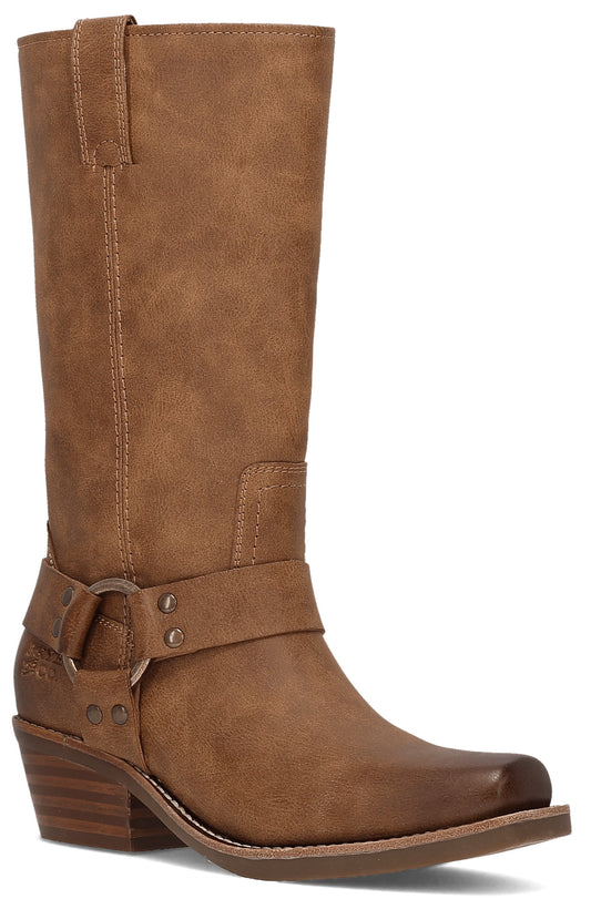 Knee-high, brown leather boot with harness and block heel.