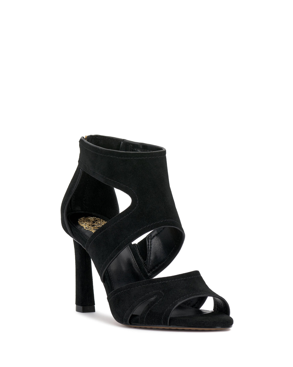 Black stiletto heel sandal with open toe and cutouts.
