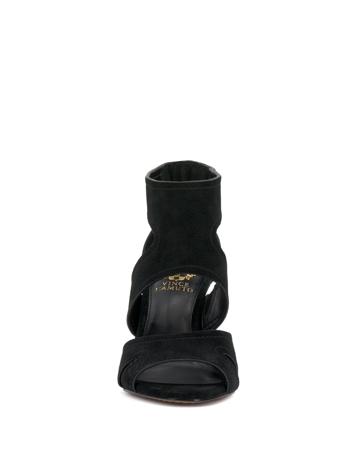 Black peep-toe high heel shoe with a sock-like ankle and open sides.