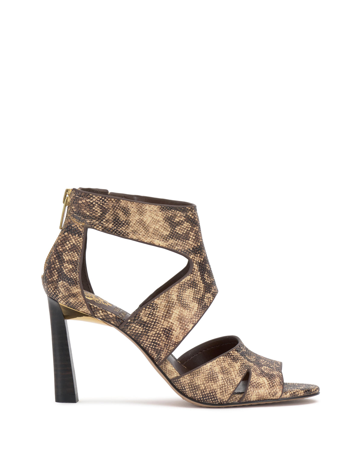 Snake skin patterned open toe high heel with block heel and back zipper.