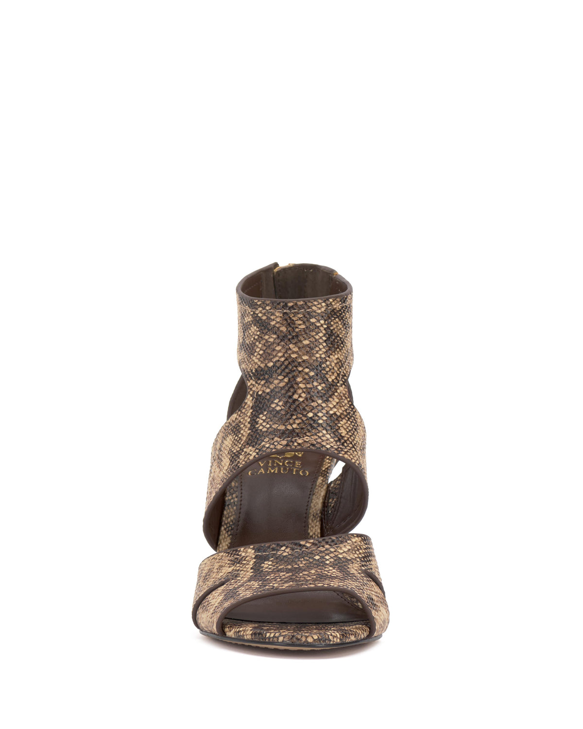 Front-facing, snakeskin print open toed heel with an ankle-length shaft.