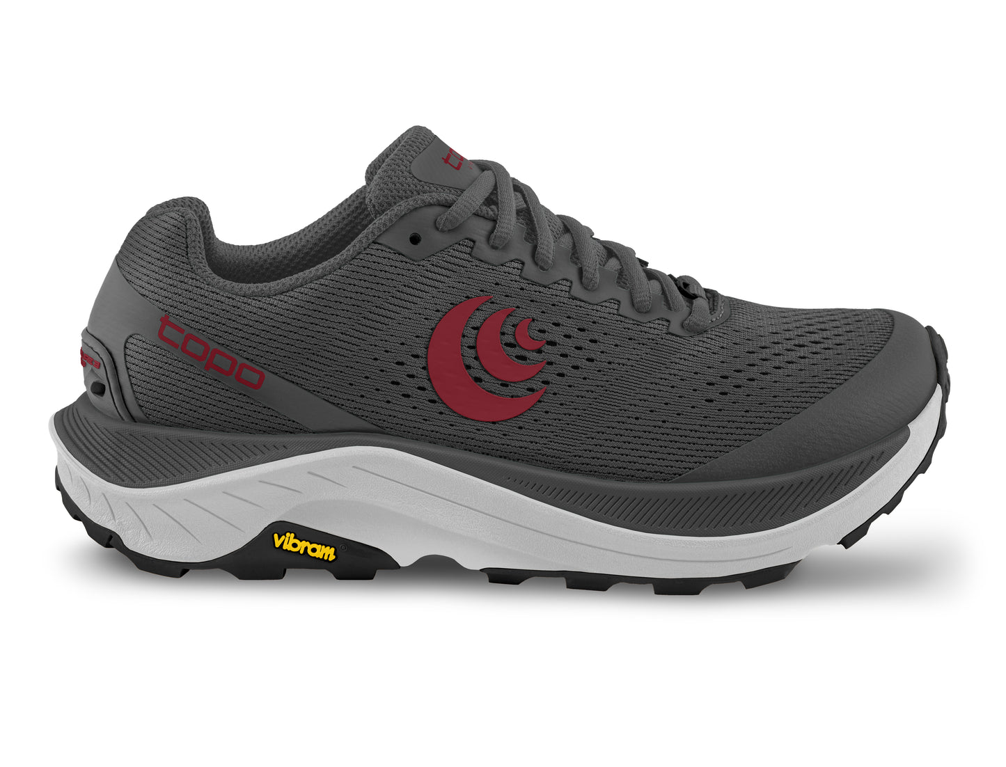 Gray running shoe with red logo and white midsole, showing laces and sole tread.