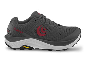 Gray running shoe with red logo and white midsole, showing laces and sole tread.