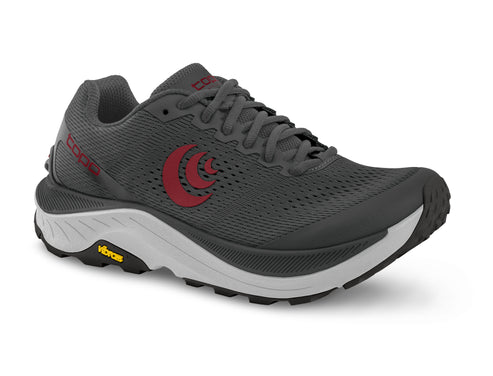 A grey running shoe with a red logo on the side.