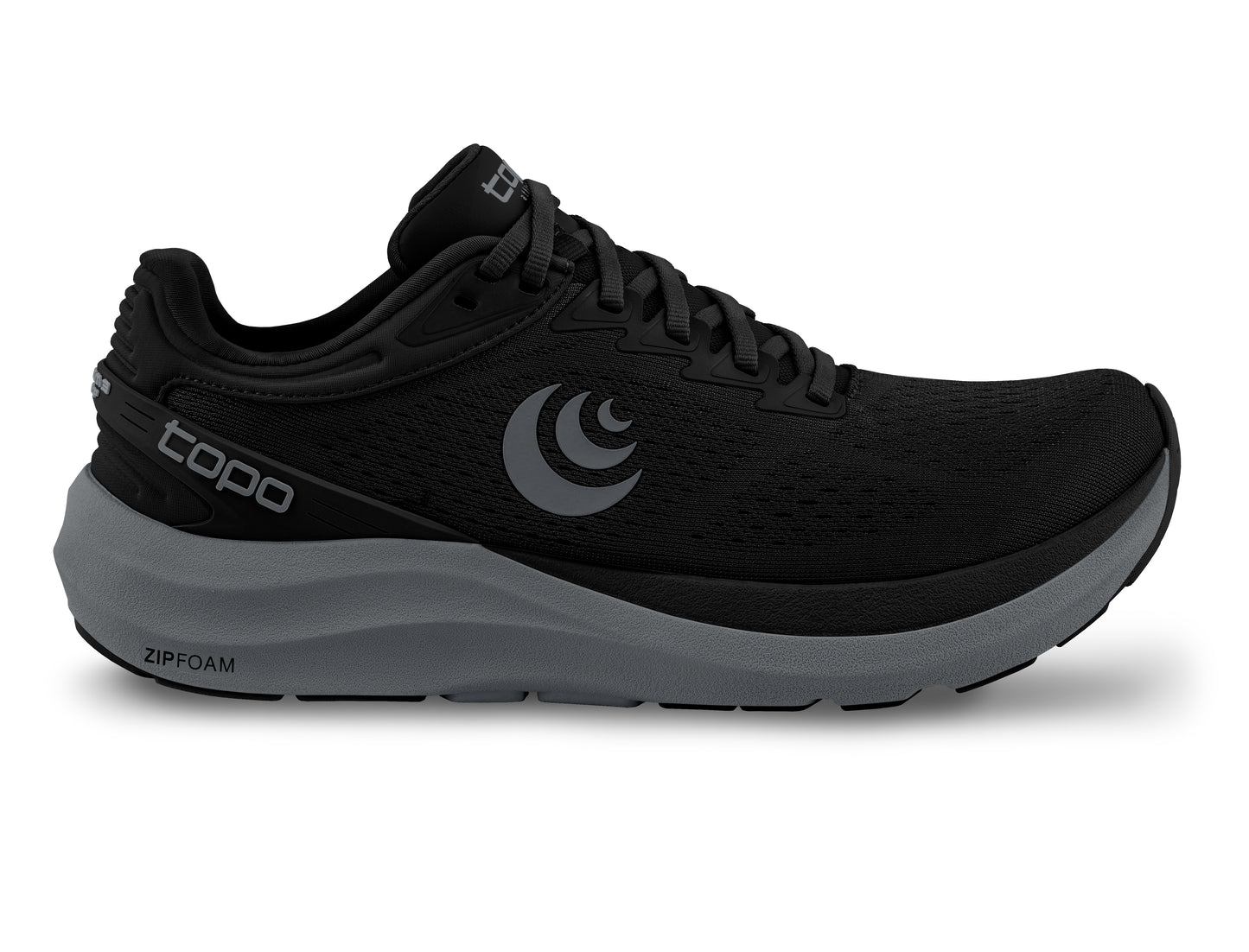 Black running shoe with gray accents and sole.