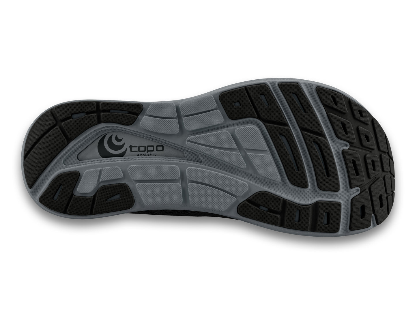 Bottom view of a shoe with a gray and black sole and a logo.